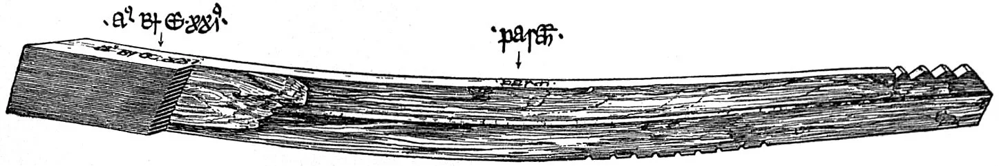 Drawing of a long wooden tally stick with notches cut along one edge and handwriting near each end.